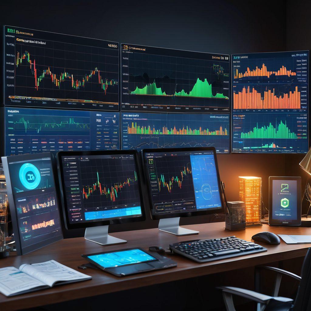 A dynamic visual showcasing a split-screen concept: on one side, a forex trading desk filled with currency pairs and charts, and on the other side, a vibrant crypto trading interface featuring popular cryptocurrencies like Bitcoin and Ethereum. In the center, an upward-trending graph symbolizes wealth growth, surrounded by tools like calculators, books, and digital screens. The overall atmosphere is energetic and tech-forward, reflecting mastery in trading strategies. super-realistic. vibrant colors. digital art.