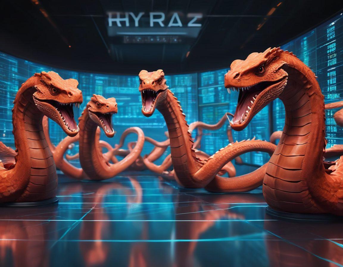 An awe-inspiring hydra with multiple heads each representing different trading strategies, intertwined with charts and graphs symbolizing financial success. Set against a dynamic backdrop of a vivid trading floor filled with digital screens displaying stock prices and market data. Emphasize an atmosphere of confidence and mastery in trading. super-realistic. vibrant colors. 3D.