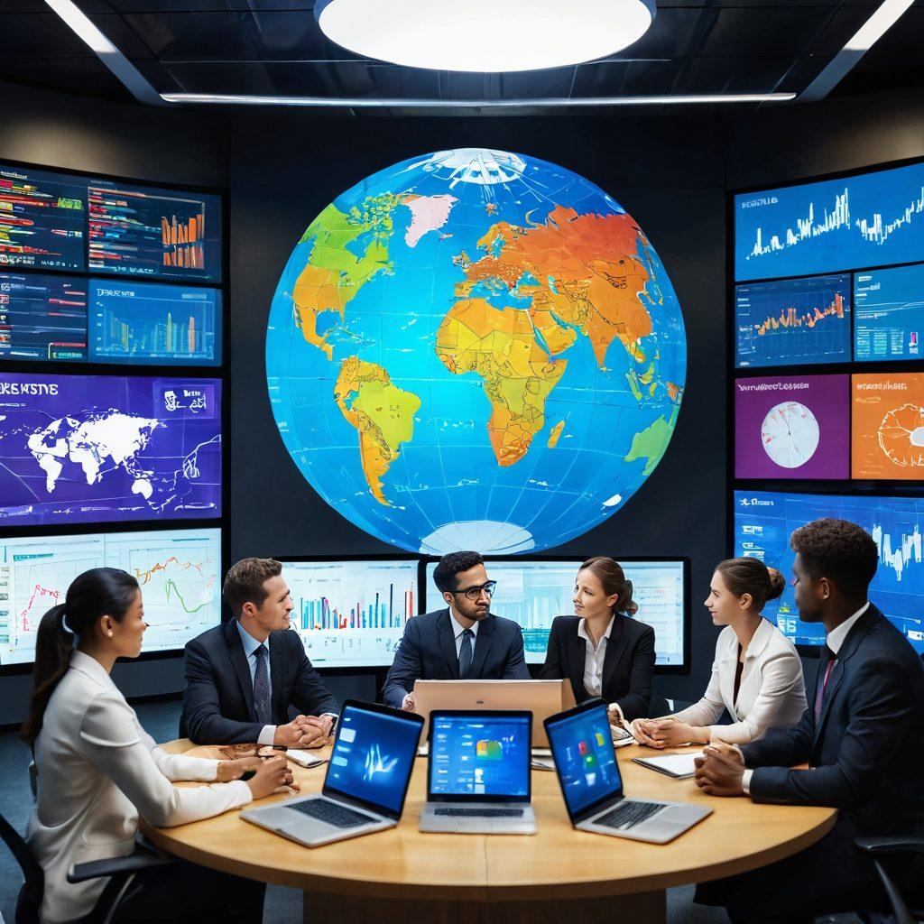 A dynamic scene showcasing a diverse group of business professionals from various cultural backgrounds engaged in a strategy meeting, with multiple screens displaying financial data and market trends. Include illustrations of different currencies floating around, symbolizing global markets, and a large globe in the background. The atmosphere should convey collaboration and innovation. bright colors, modern office setting, super-realistic.